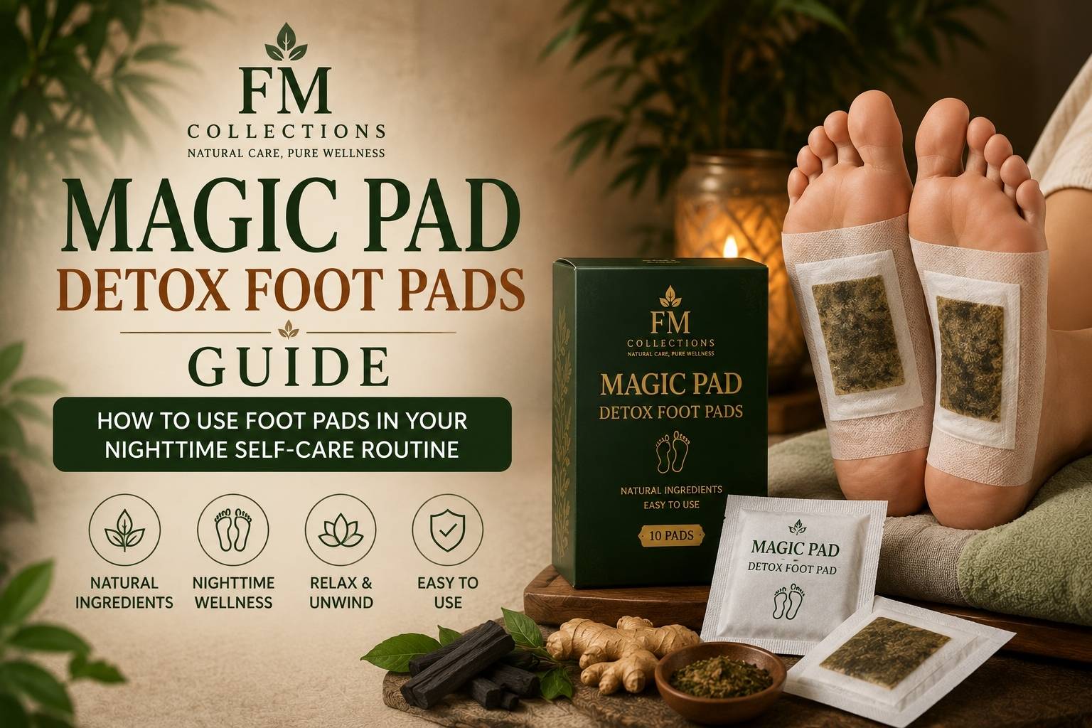 Magic Pad Detox Foot Pads with herbal ingredients and relaxing nighttime foot care setup