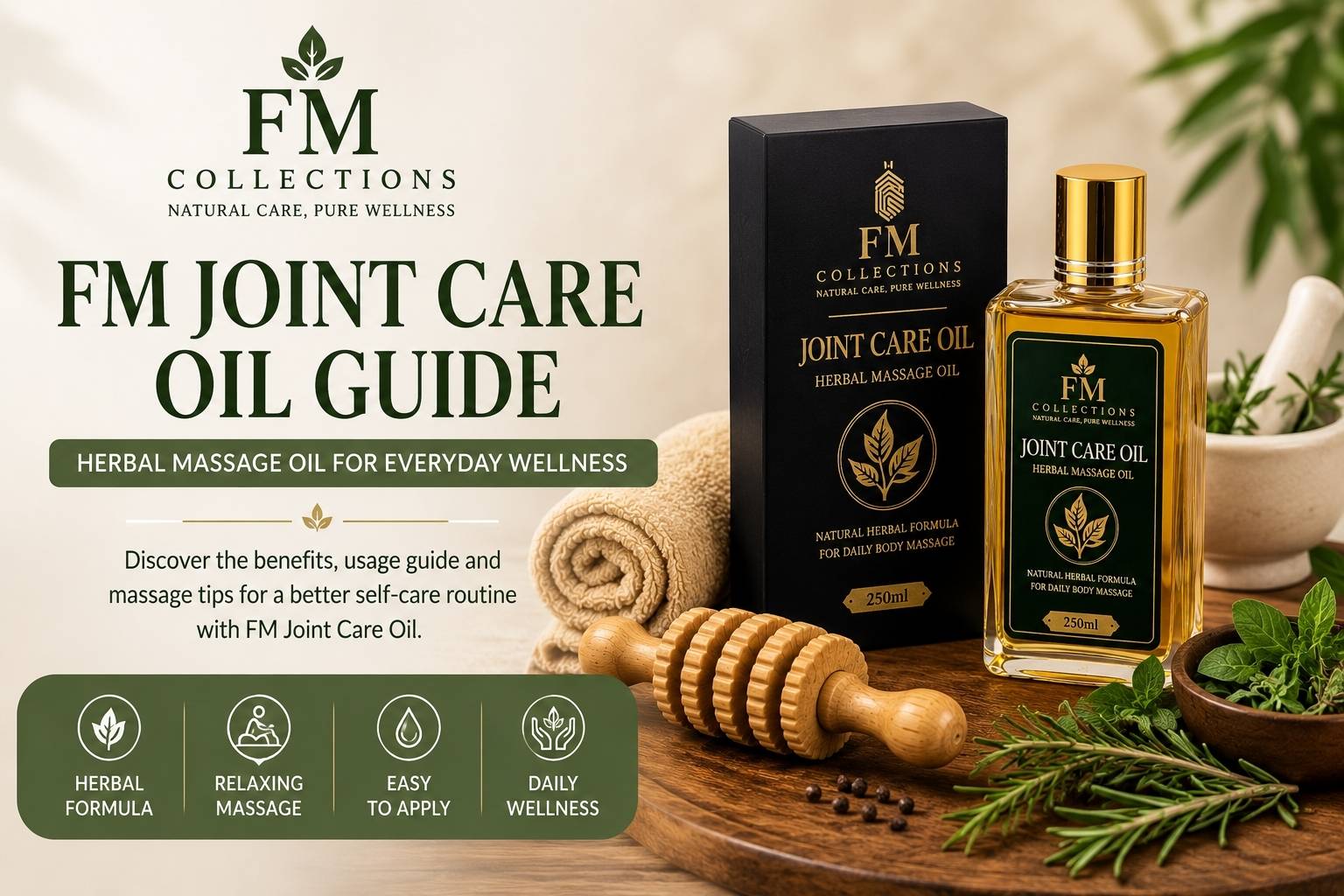 FM Joint Care Oil Guide featuring premium herbal massage oil with massage roller and herbal ingredients
